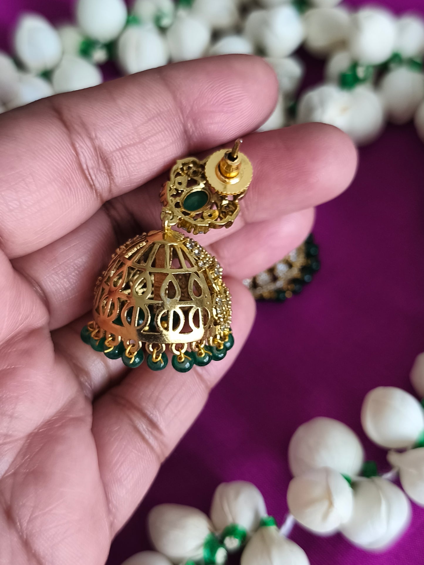 AD Antique Matte Finish Green Jhumka Earrings