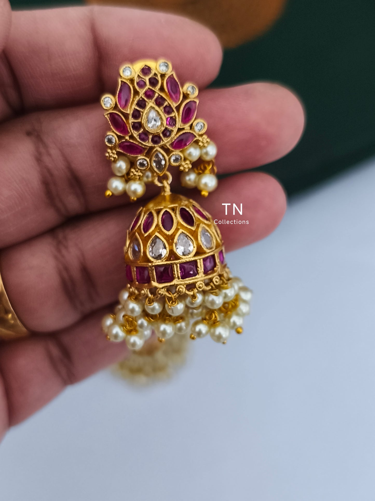 Guttapusalu Lotus Earrings (Ruby and white)