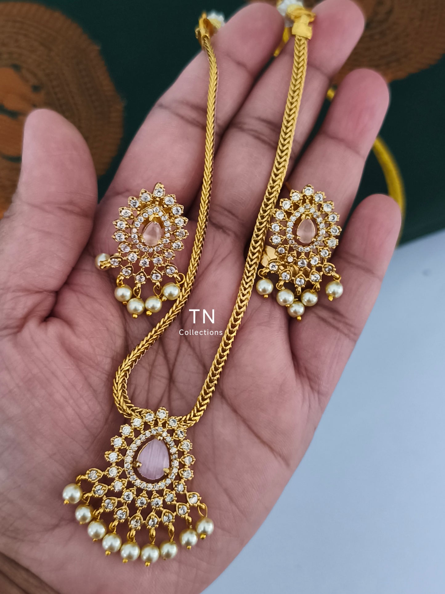 Antique Polish Simple Necklace set (Pink)