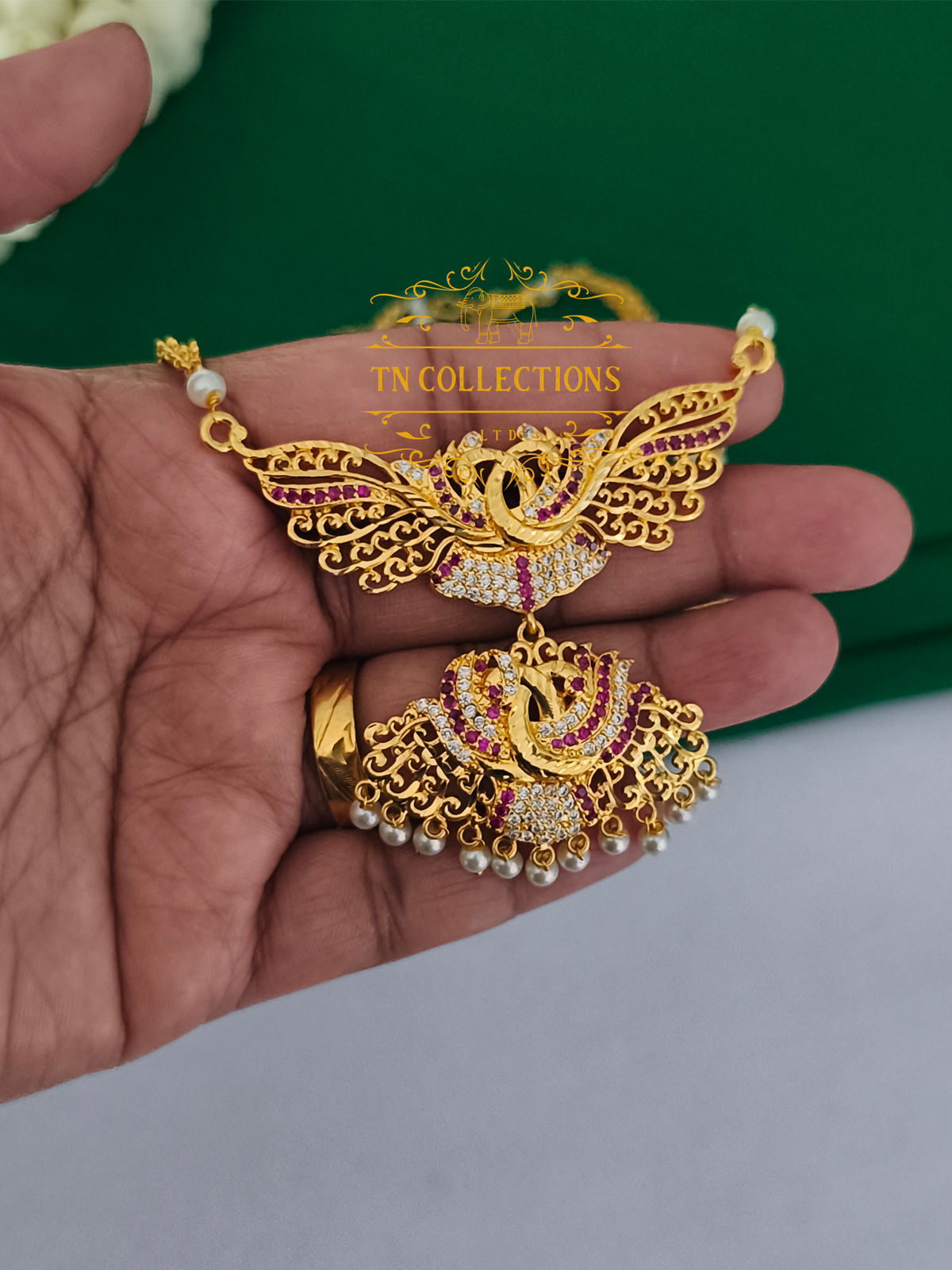 Micro Gold-Plated Traditional Pathakkam with Pearl Chain (Ruby & White stones)
