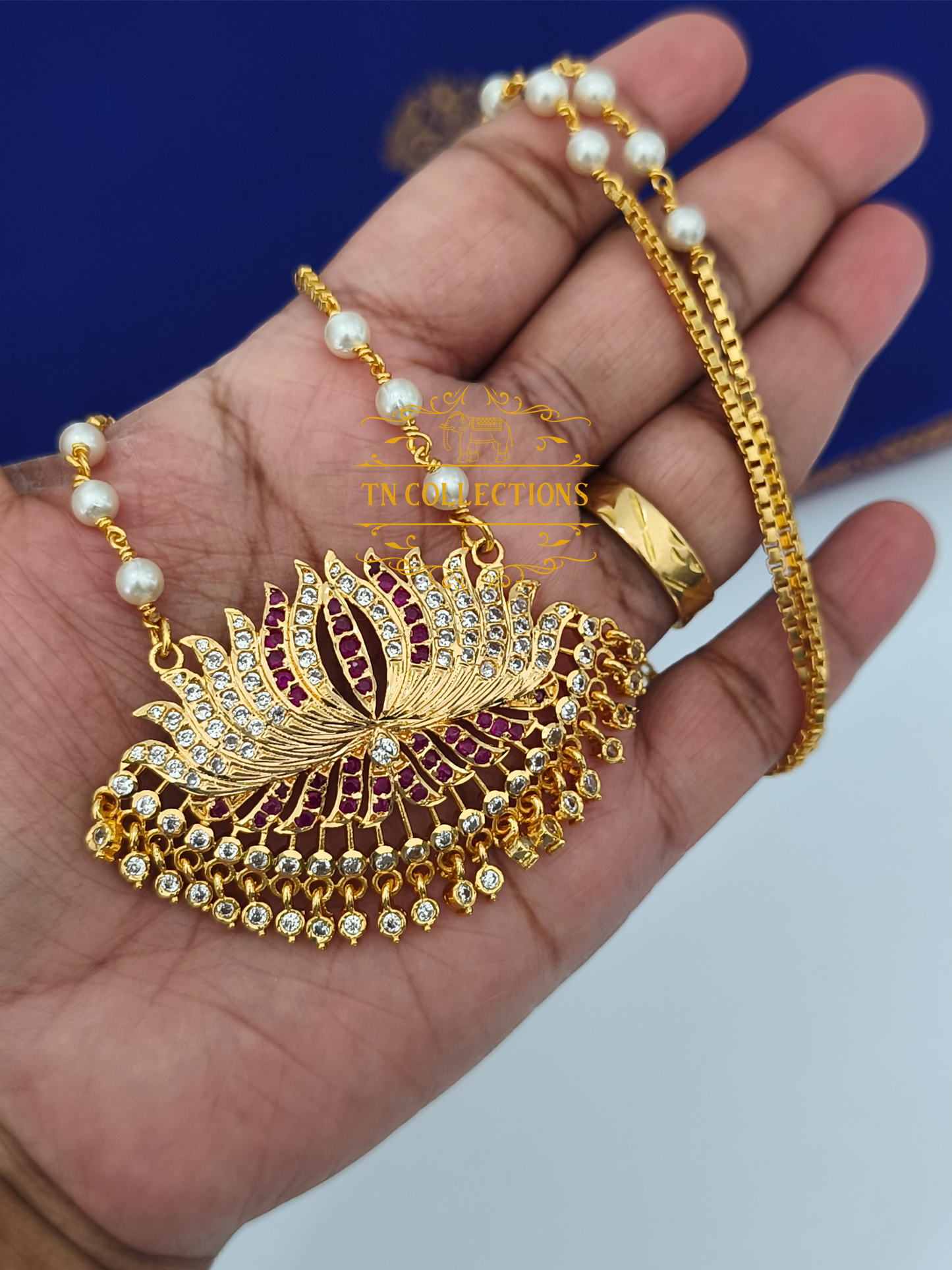 Micro Gold-Plated Traditional lotus Pathakkam with Pearl chain