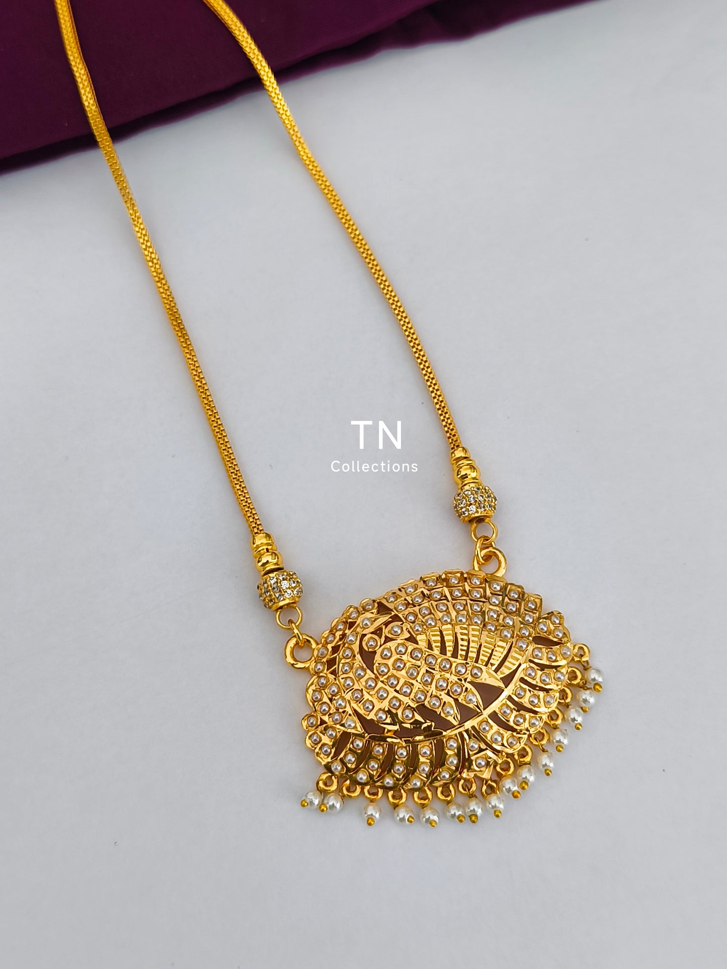 Micro gold plated Peacock Design Pathakkam with chain ( White Pearls & Stones)
