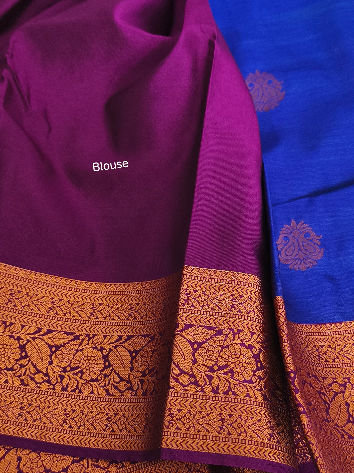 Blue Premium Kanchi Semi Silk saree with contrast blouse
