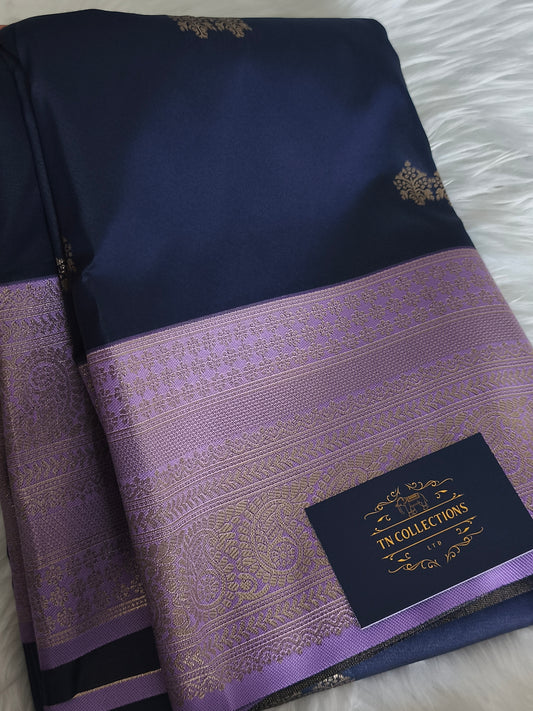 Kanchi Soft Silk Saree with contrast blouse and rich pallu Navy blue with lavender