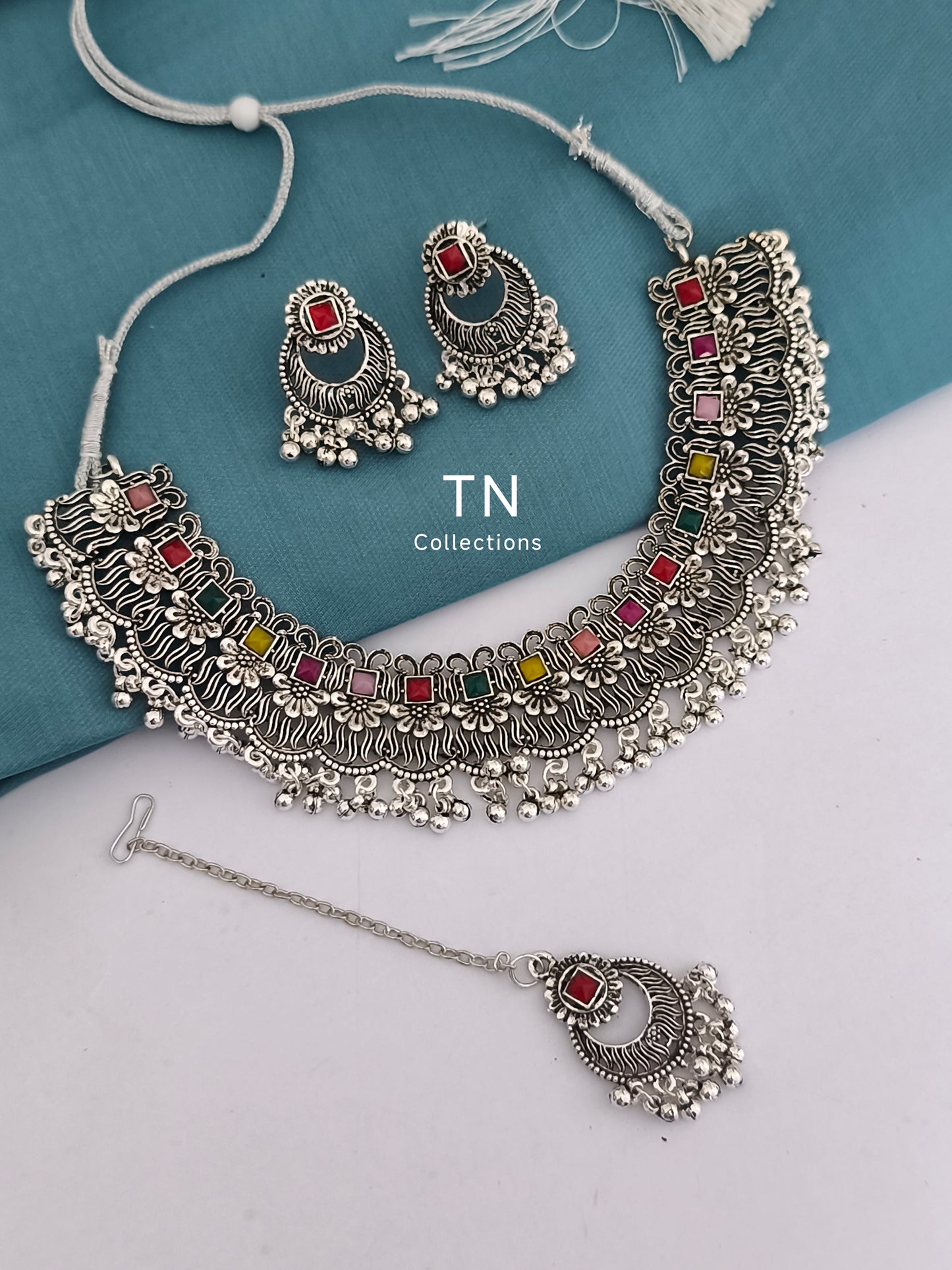 Silver Multi coloured Necklace Set