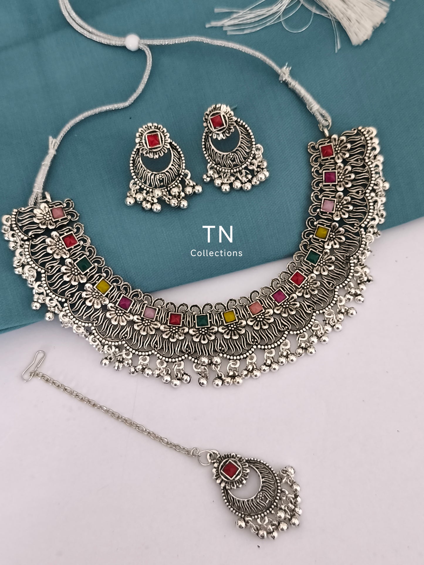 Silver Multi coloured Necklace Set