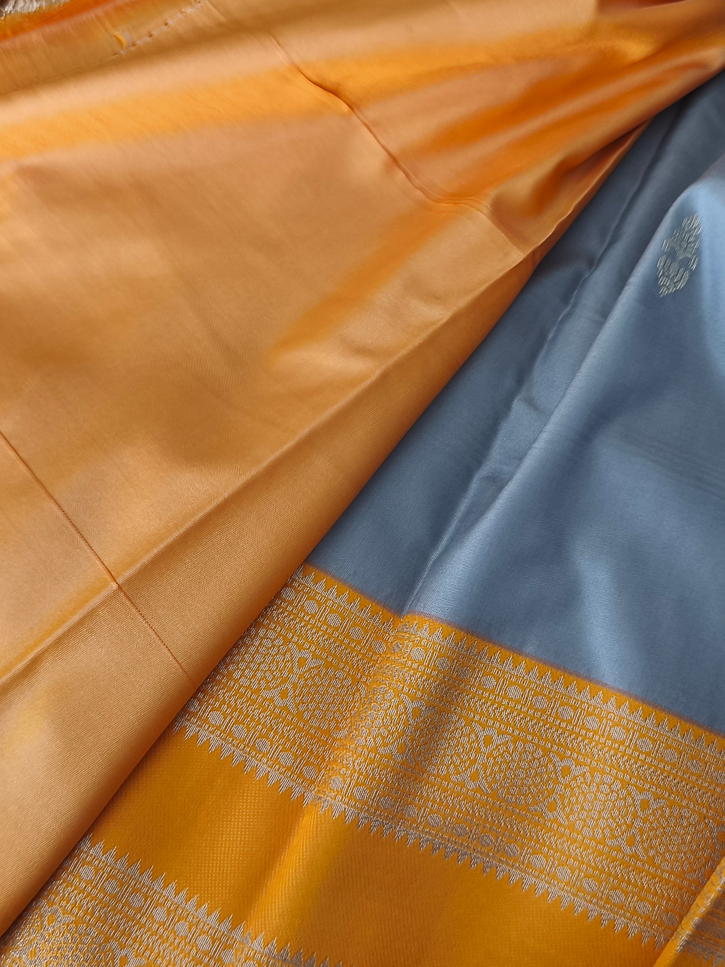 Grey with yellow Kanchi Soft silk saree