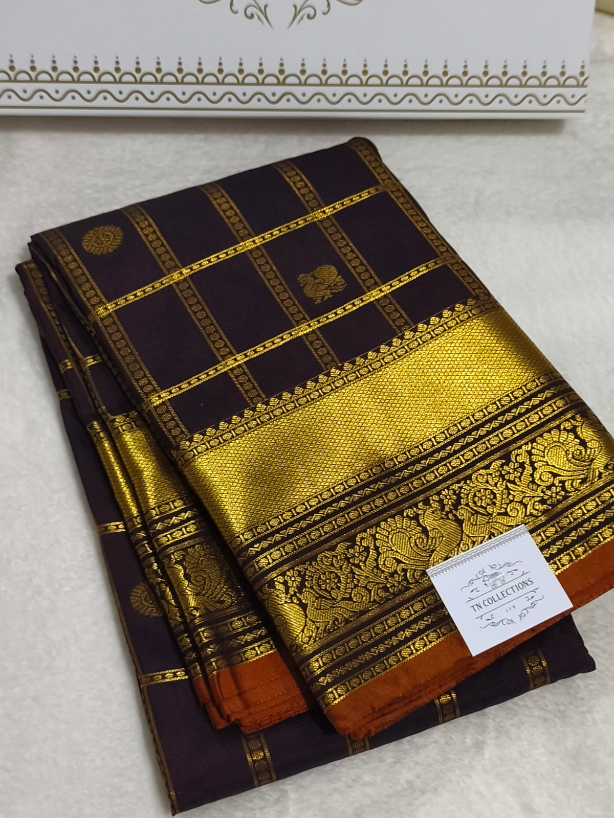 Premium Semi Kanchipuram Silk Saree (Coffee Brown)