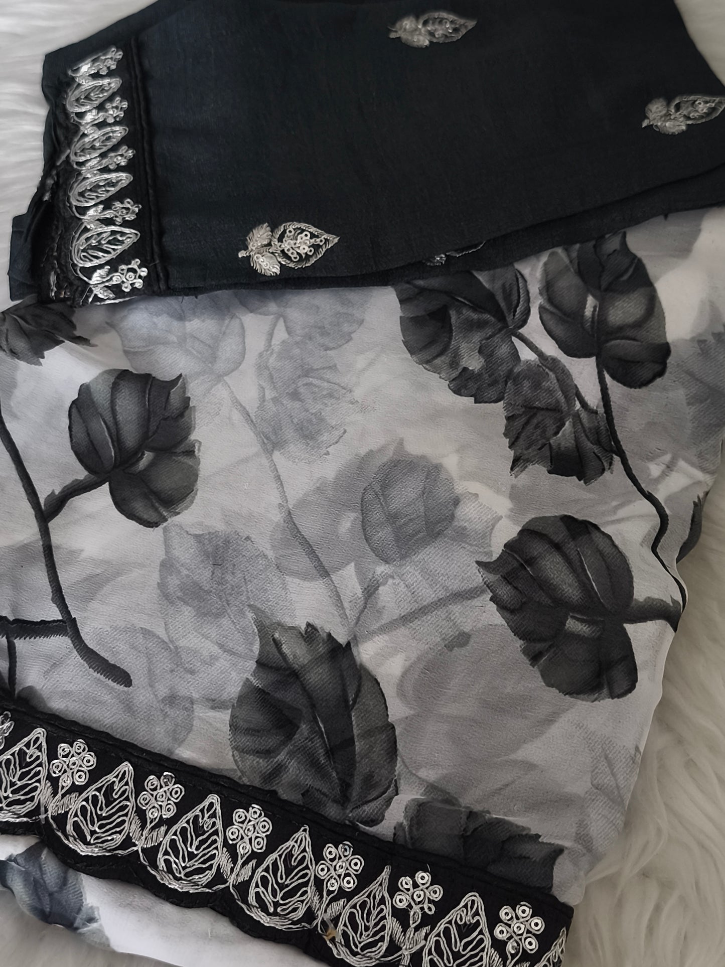 Black Leaf Design Soft Chiffon Georgette Party Saree with black contrast blouse