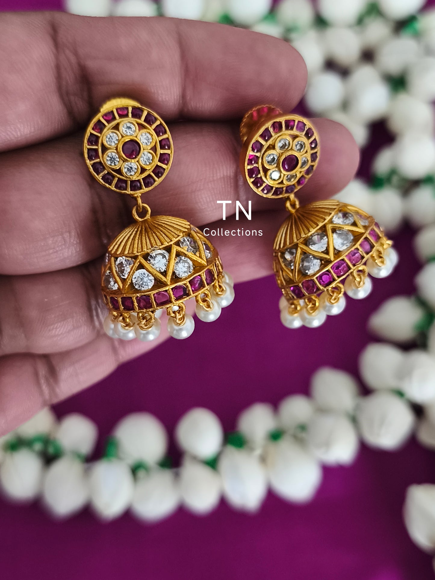Matte Finish Earrings Ruby and white stone