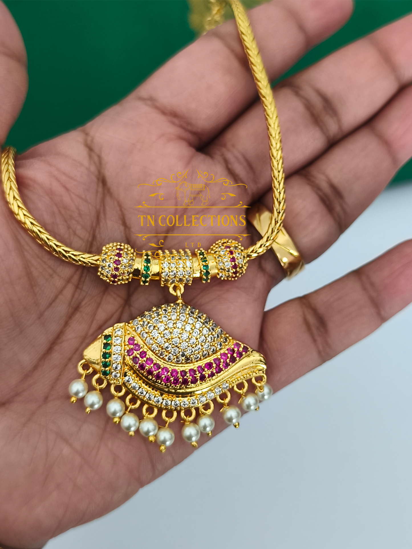 Micro Gold-Plated Traditional Sangu Attiyal (Multicoloured stones)