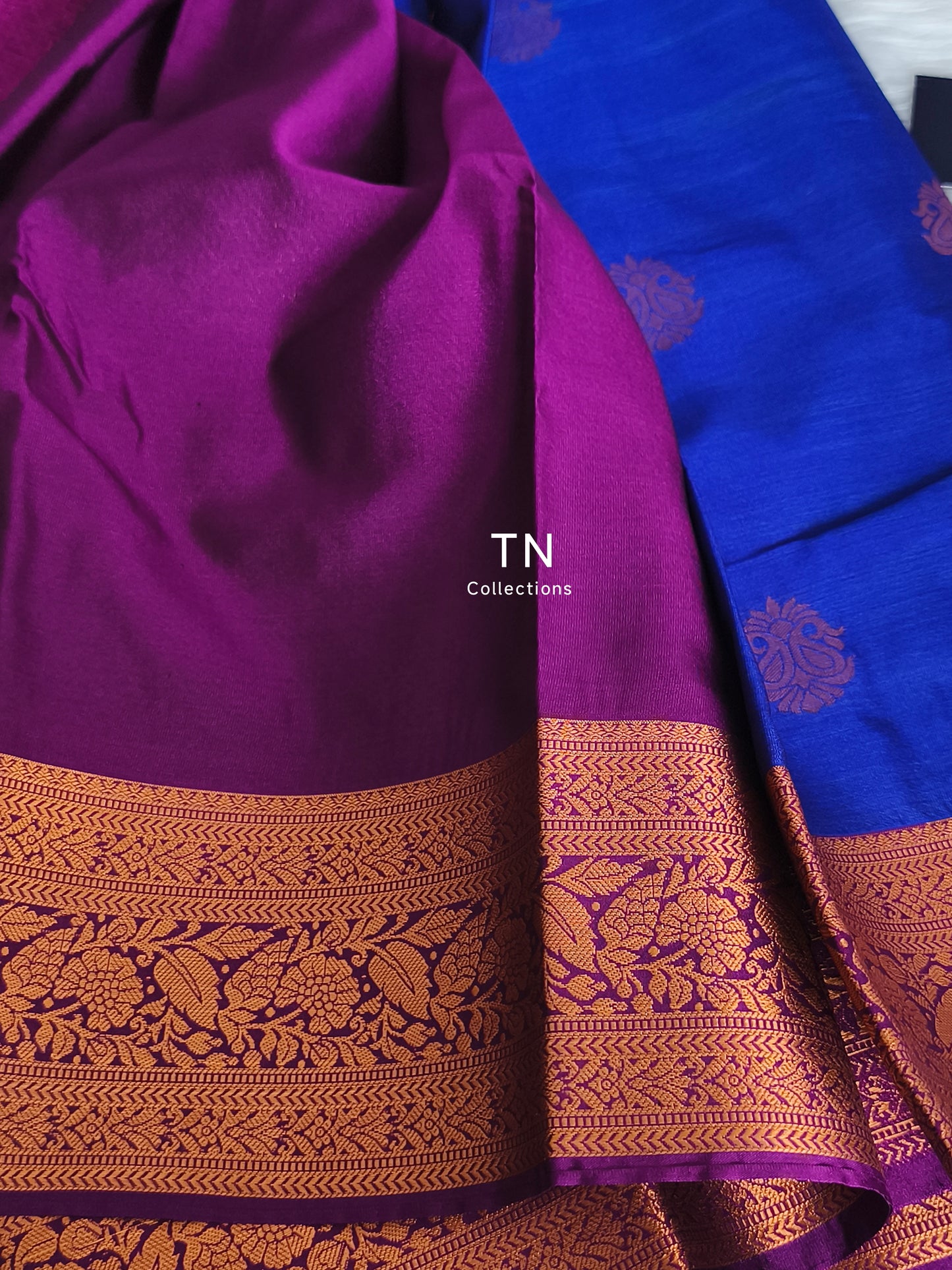 Blue Premium Kanchi Semi Silk saree with contrast blouse