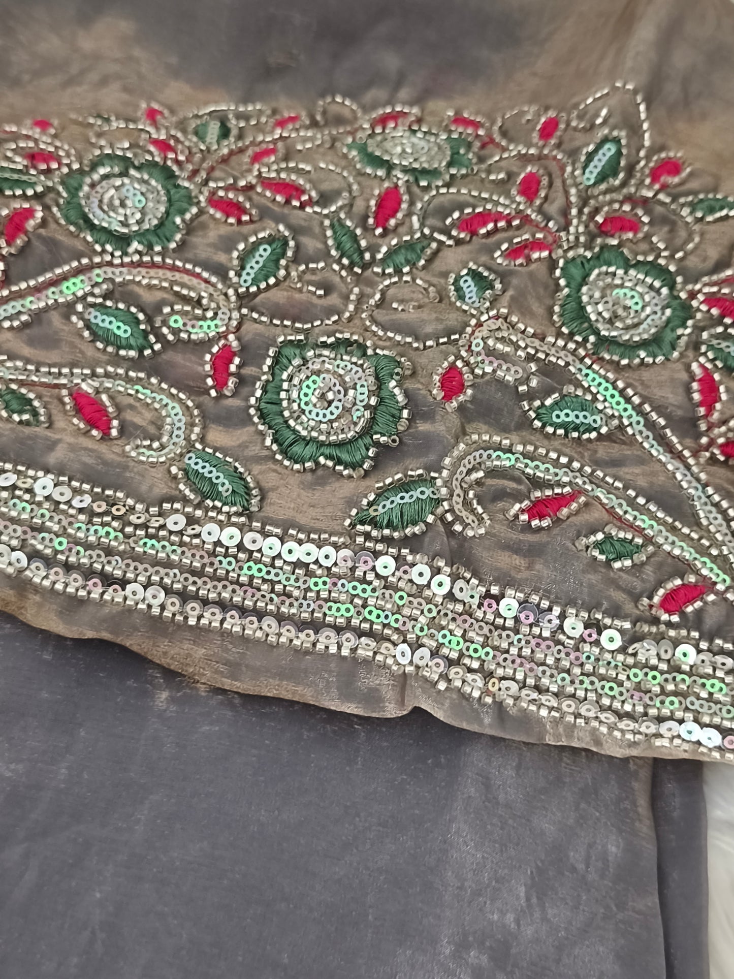 Grey Light Green Soft and Silky Space Silk party saree with Designer blouse
