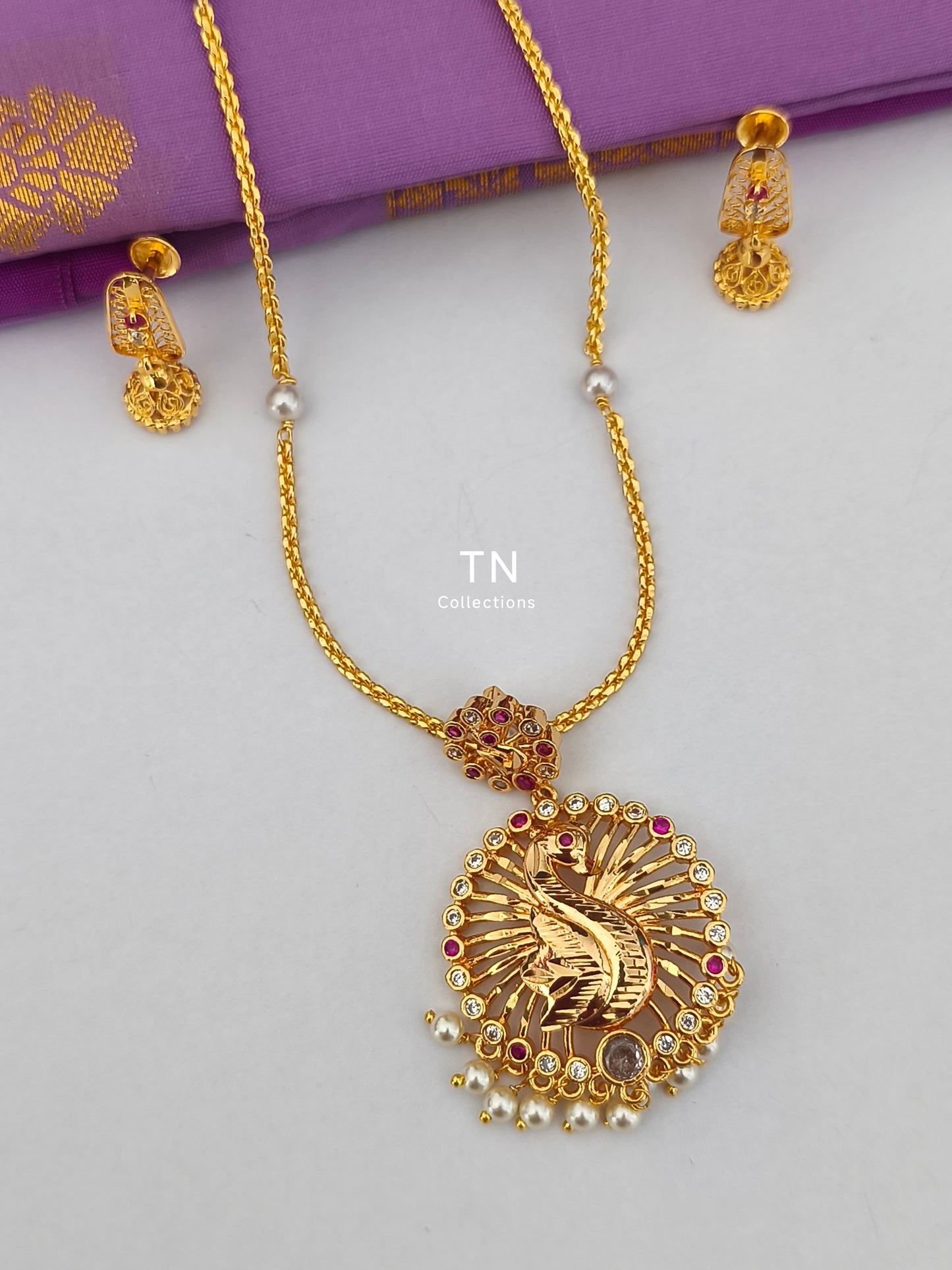 Micro gold plated Pearl chain with Peacock Design Pendant