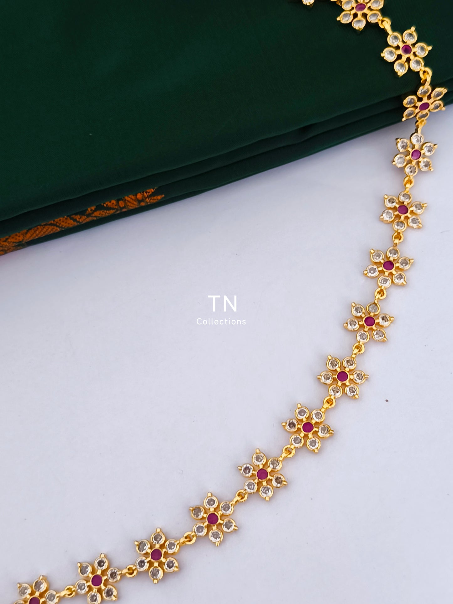 Micro gold plated Flower Design Hip Chain (Ruby & White)