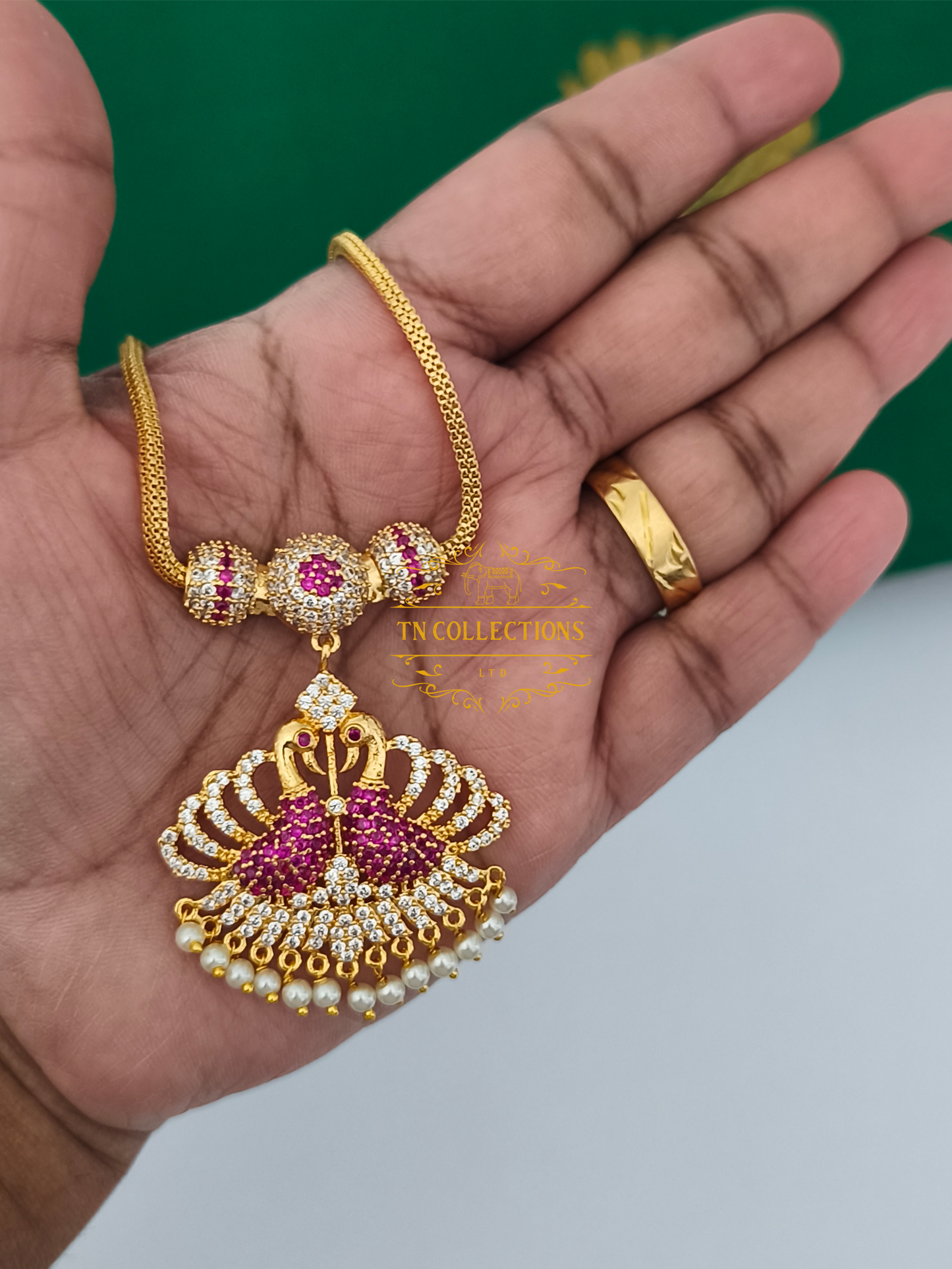 Micro Gold-Plated Traditional Peacock Design Attiyal Pathakkam Set (Ruby & White)