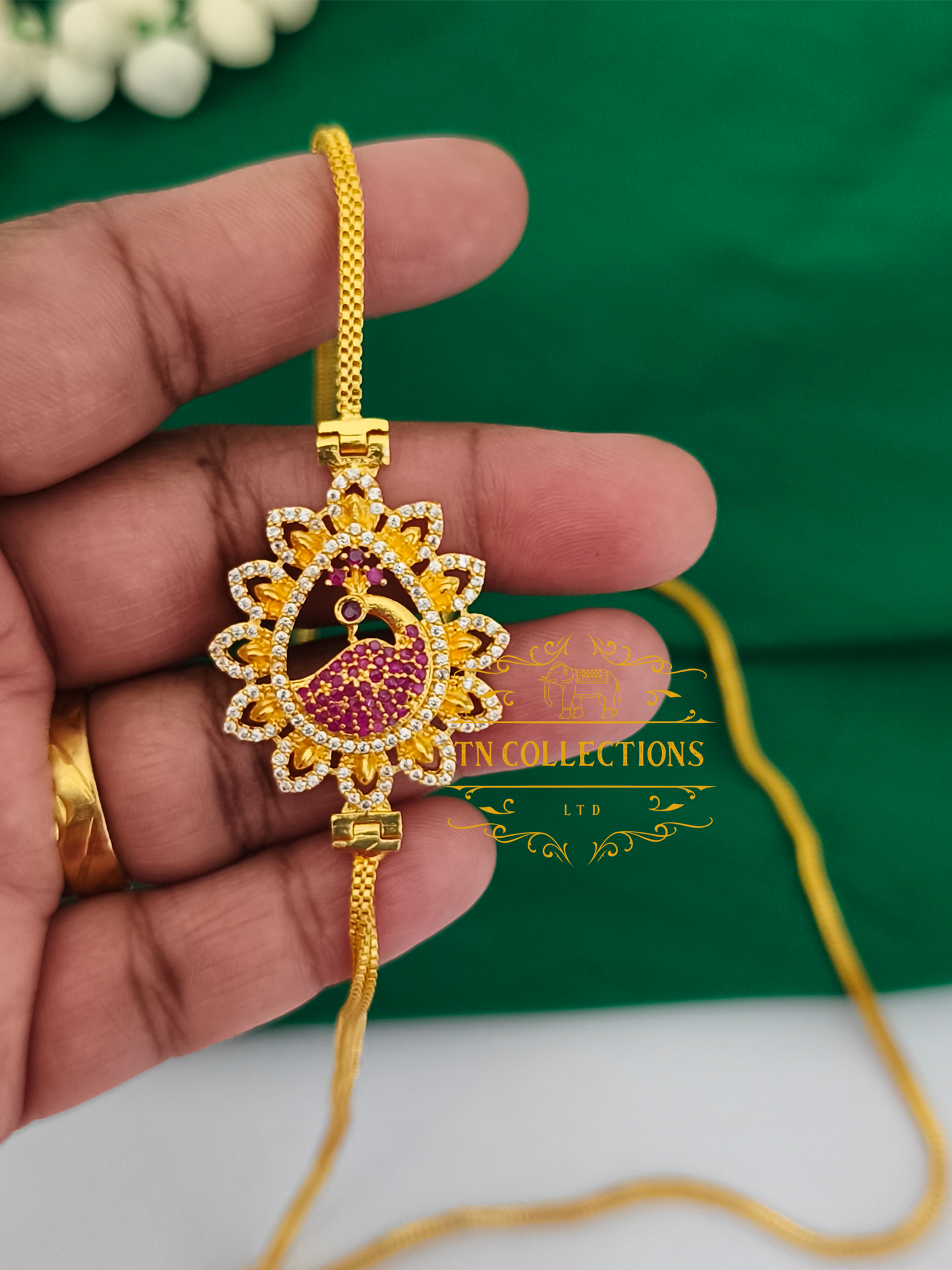 Micro Gold-Plated Mugappu Chain (Ruby & white stones)