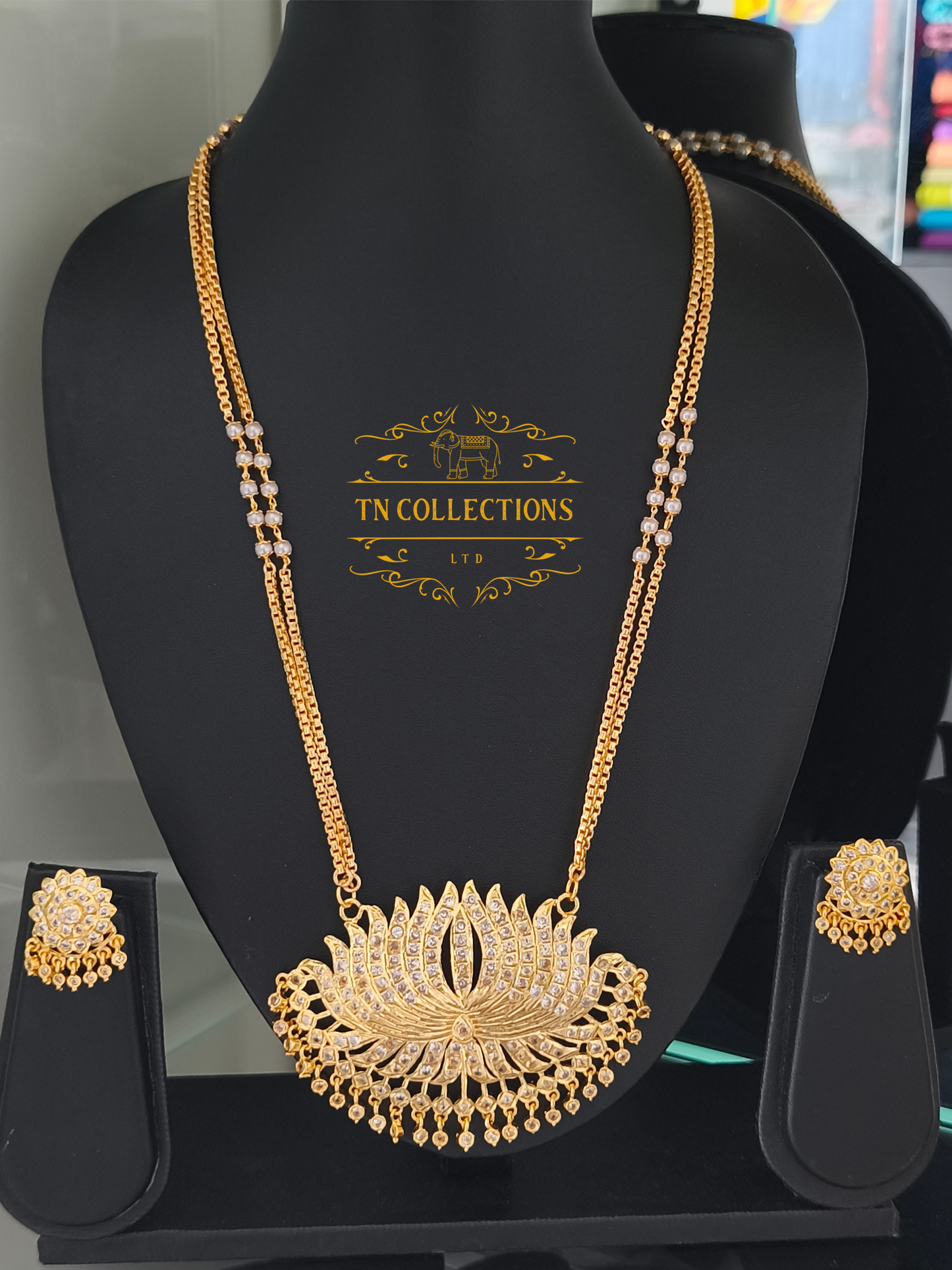 Micro Gold-Plated Impon Lotus Pathakkam with Double layer pearl chain