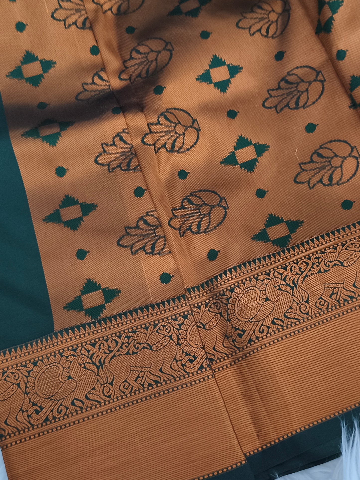 Dark Green Traditional Kanchi embossed Soft Silk saree