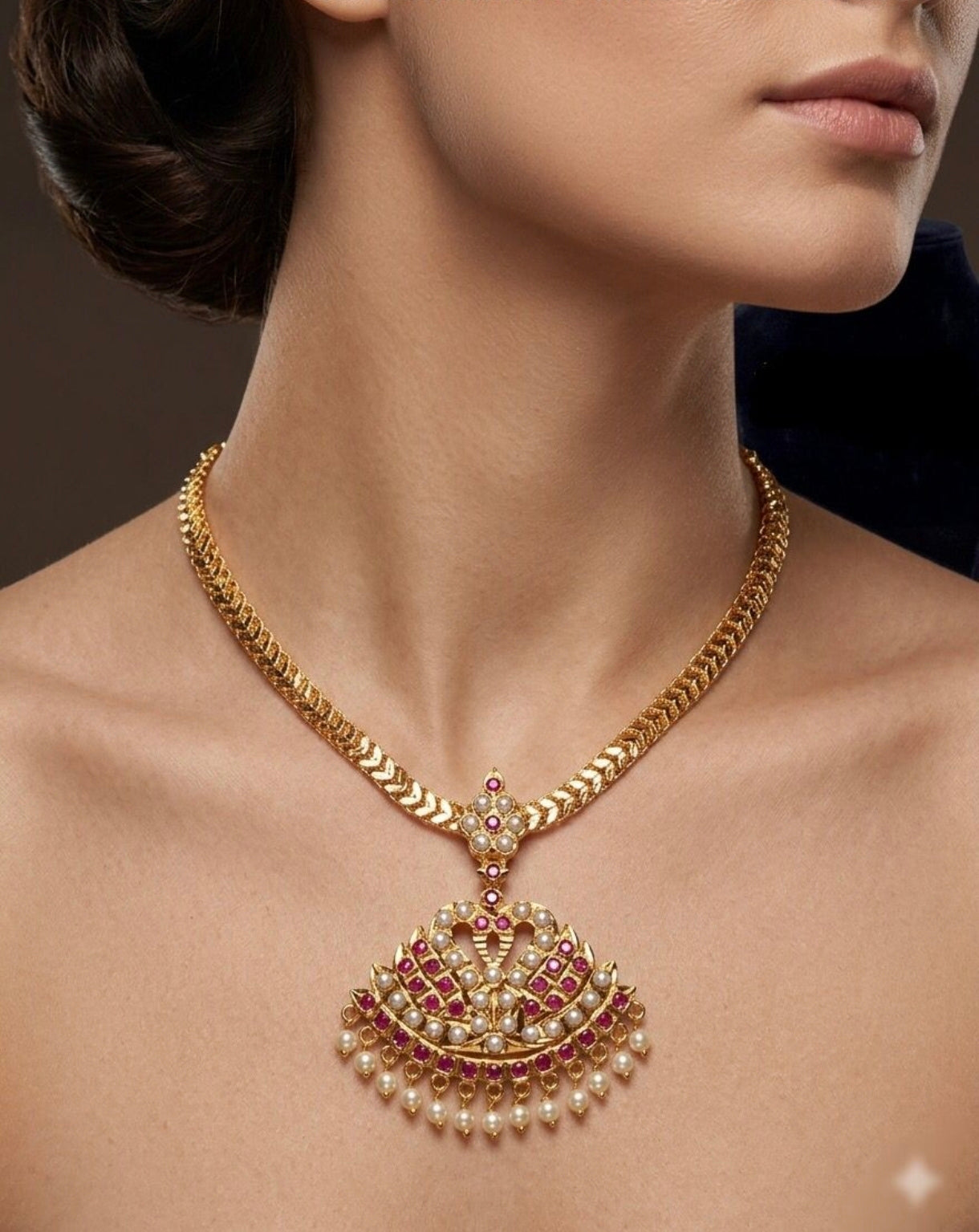 Gold Polish Pearl Necklace (Ruby and white)