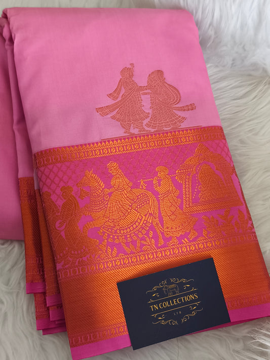 Traditional Pallakku Design Pink Kanchi Soft Silk Saree