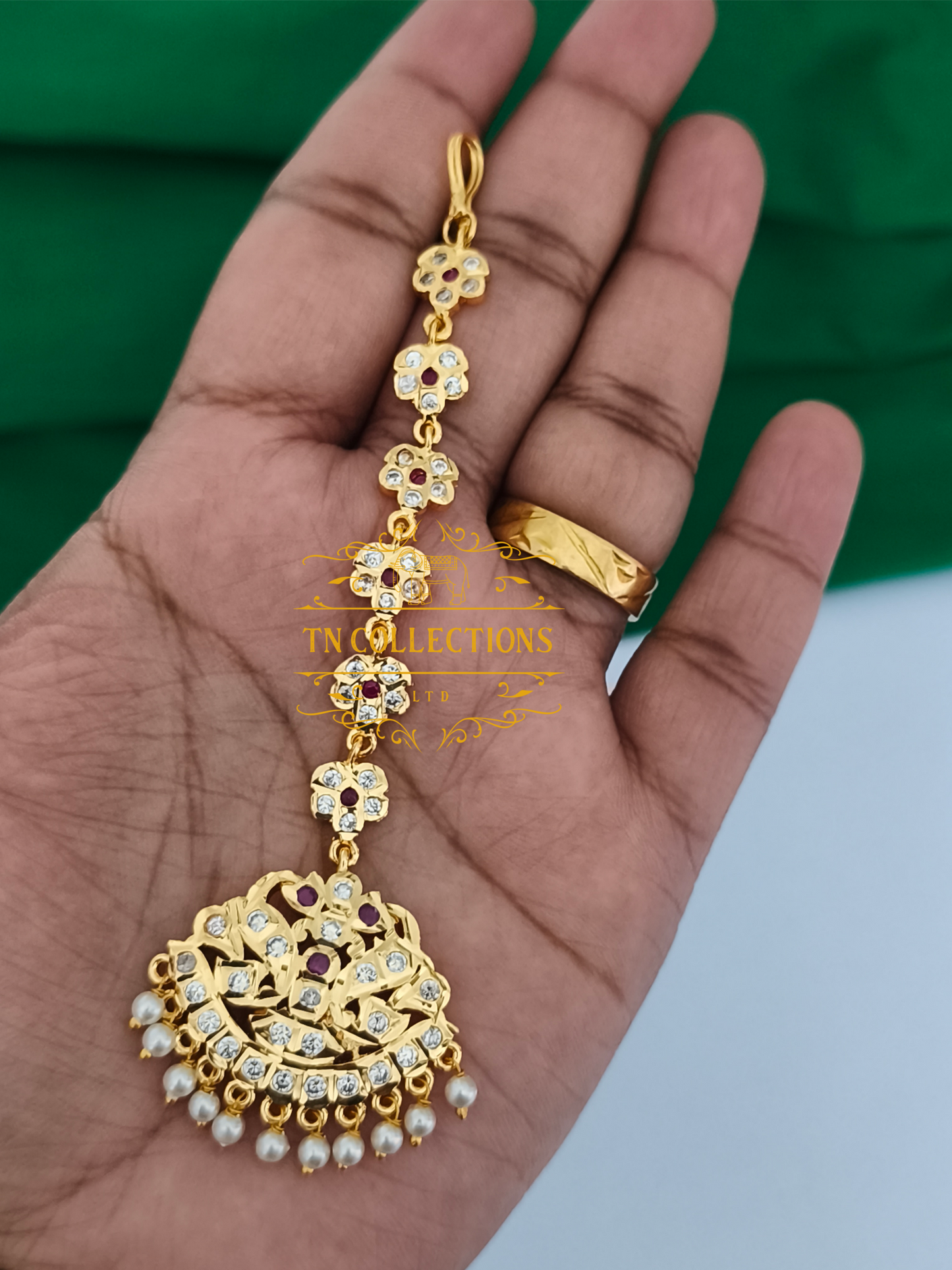 Micro Gold Finish Traditional Tikka (Ruby & white stones)