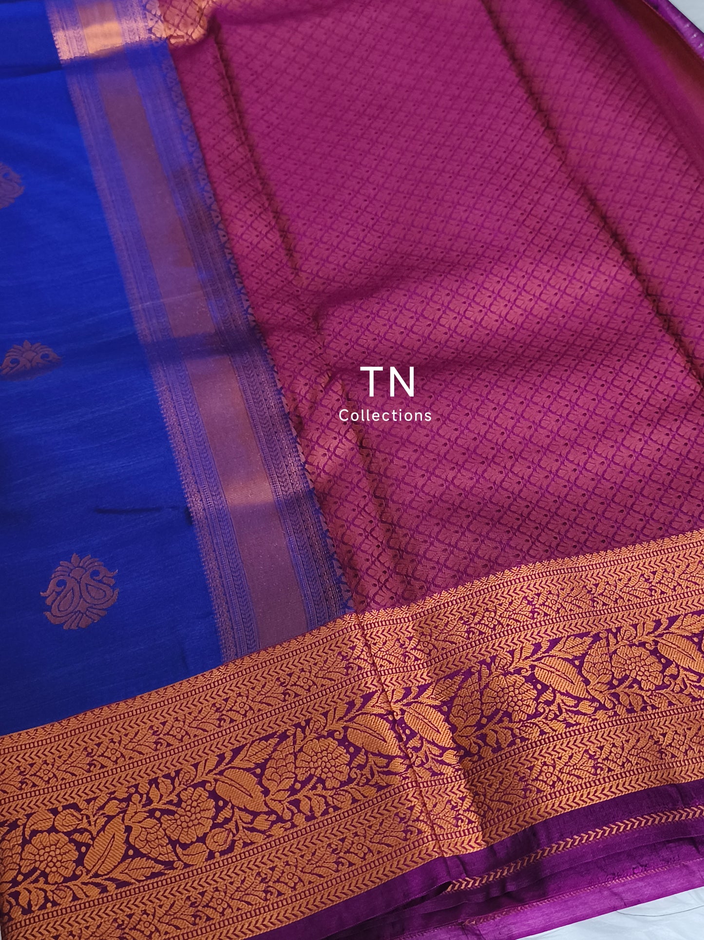Blue Premium Kanchi Semi Silk saree with contrast blouse
