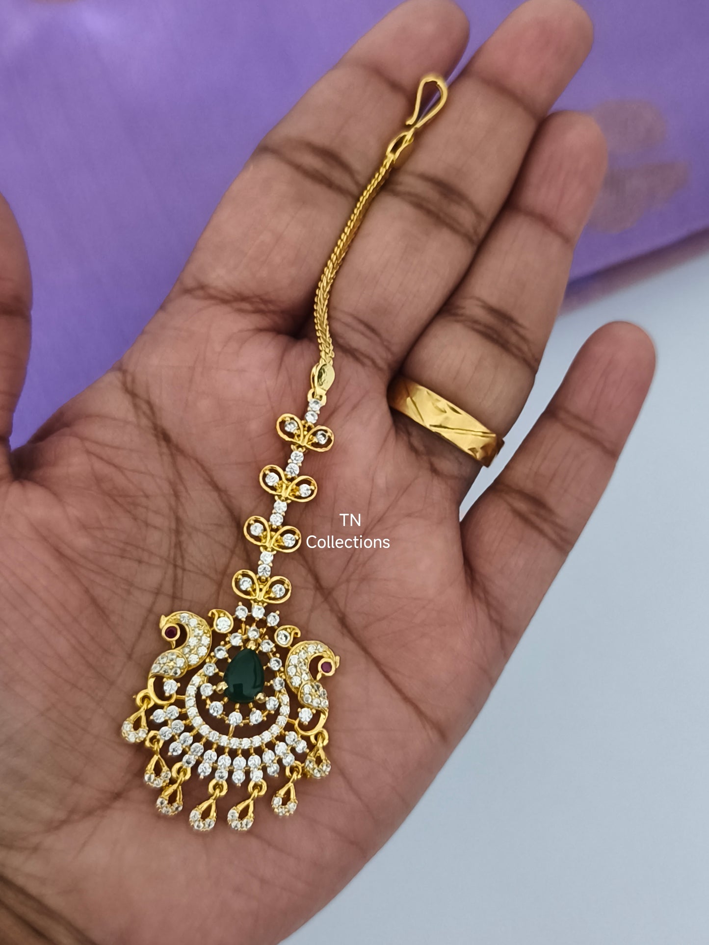 Gold Finish Tikka (White & Green stones)