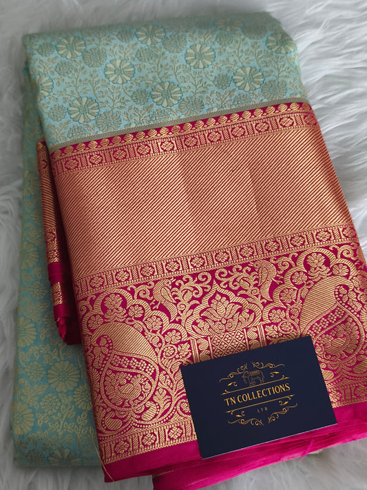 Traditional Semi Kanchipuram Silk saree with contrast blouse
