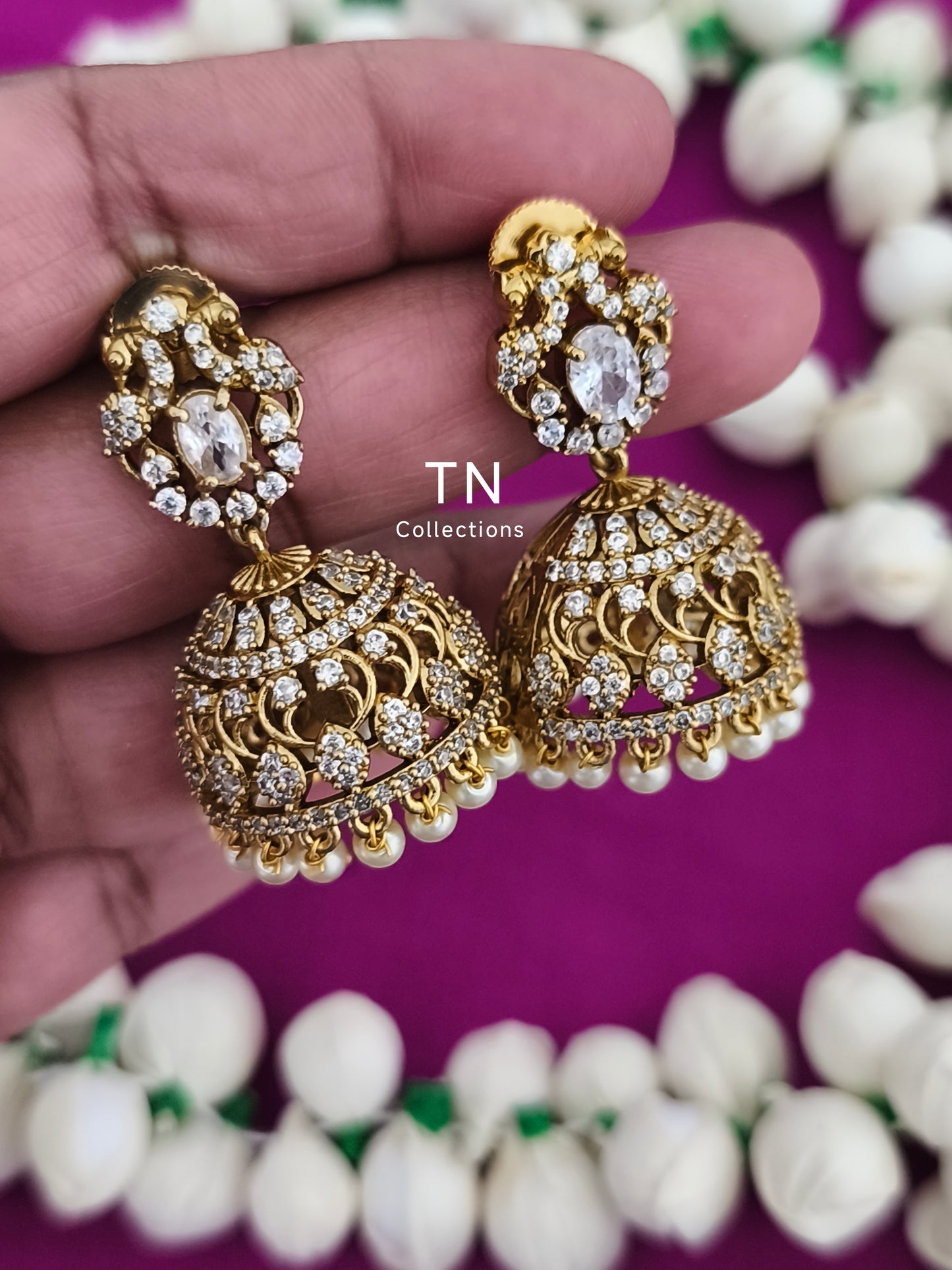 AD Antique Matte Finish Jhumka Earrings with pearls