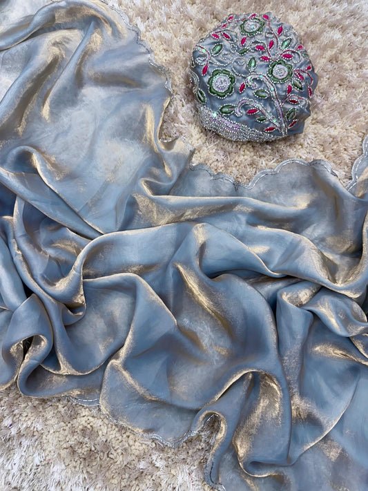 Grey Light Green Soft and Silky Space Silk party saree with Designer blouse