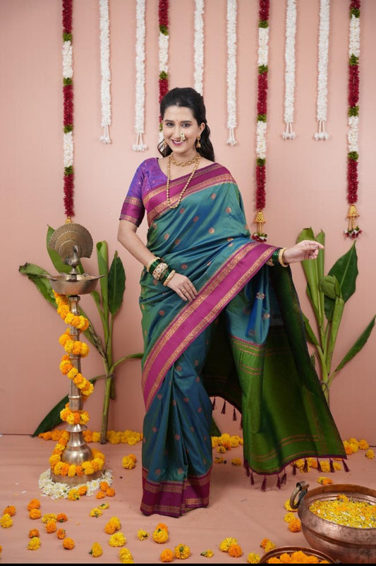 Dual tone Banaras Semi Soft Silk Saree with contrast blouse and rich pallu