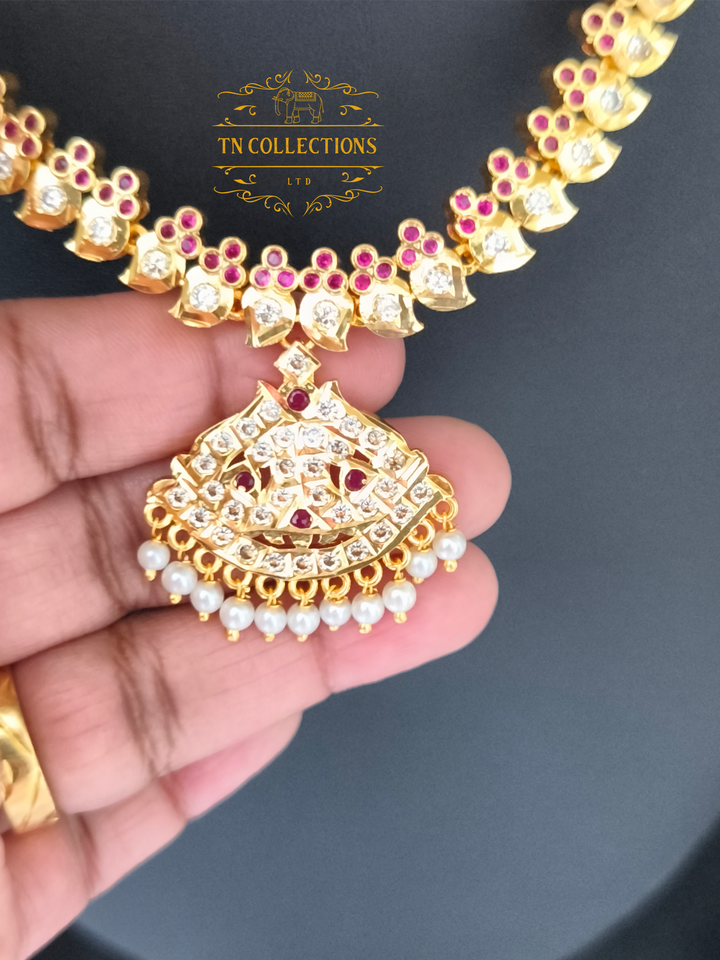 Micro Gold Plated Traditional Attiyal with earrings (Ruby & White stones)