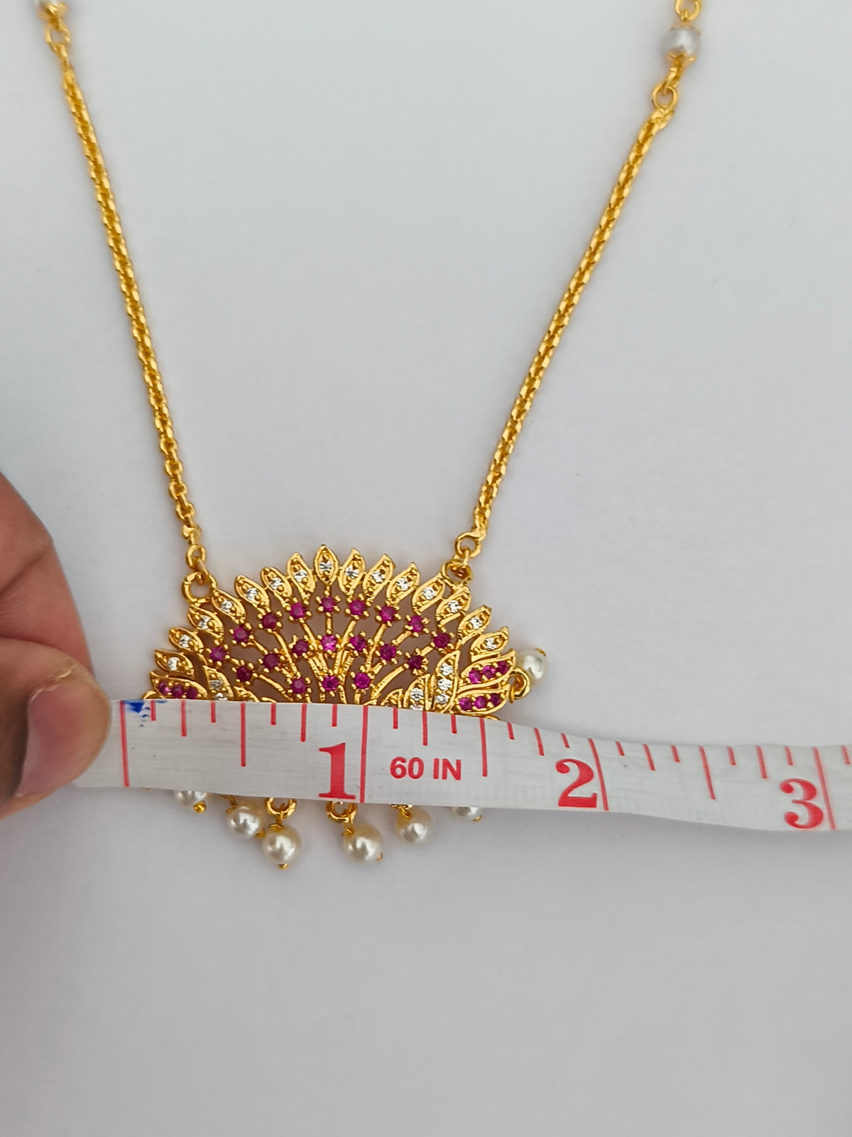 Micro Gold-Plated Floral design Pendant with Pearl chain (Ruby and white stones)