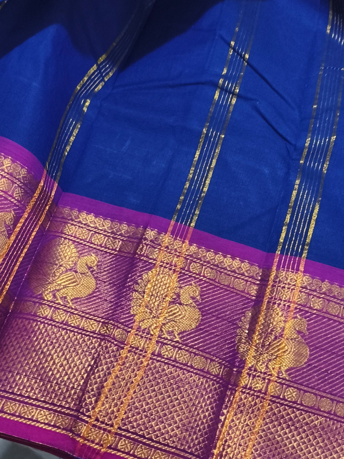 Blue Pure Chettinad cotton saree with Kalamkarai blouse