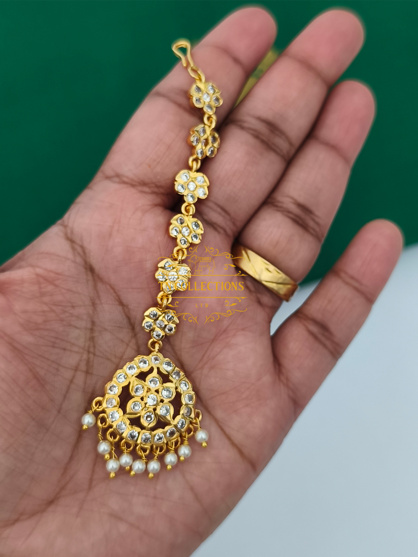 Micro Gold Finish Long Tikka (Full White stones)