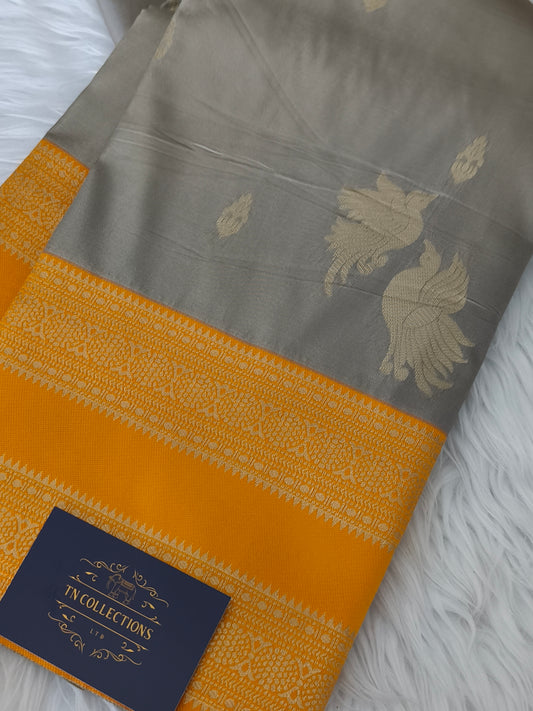 Grey with yellow Kanchi Soft silk saree
