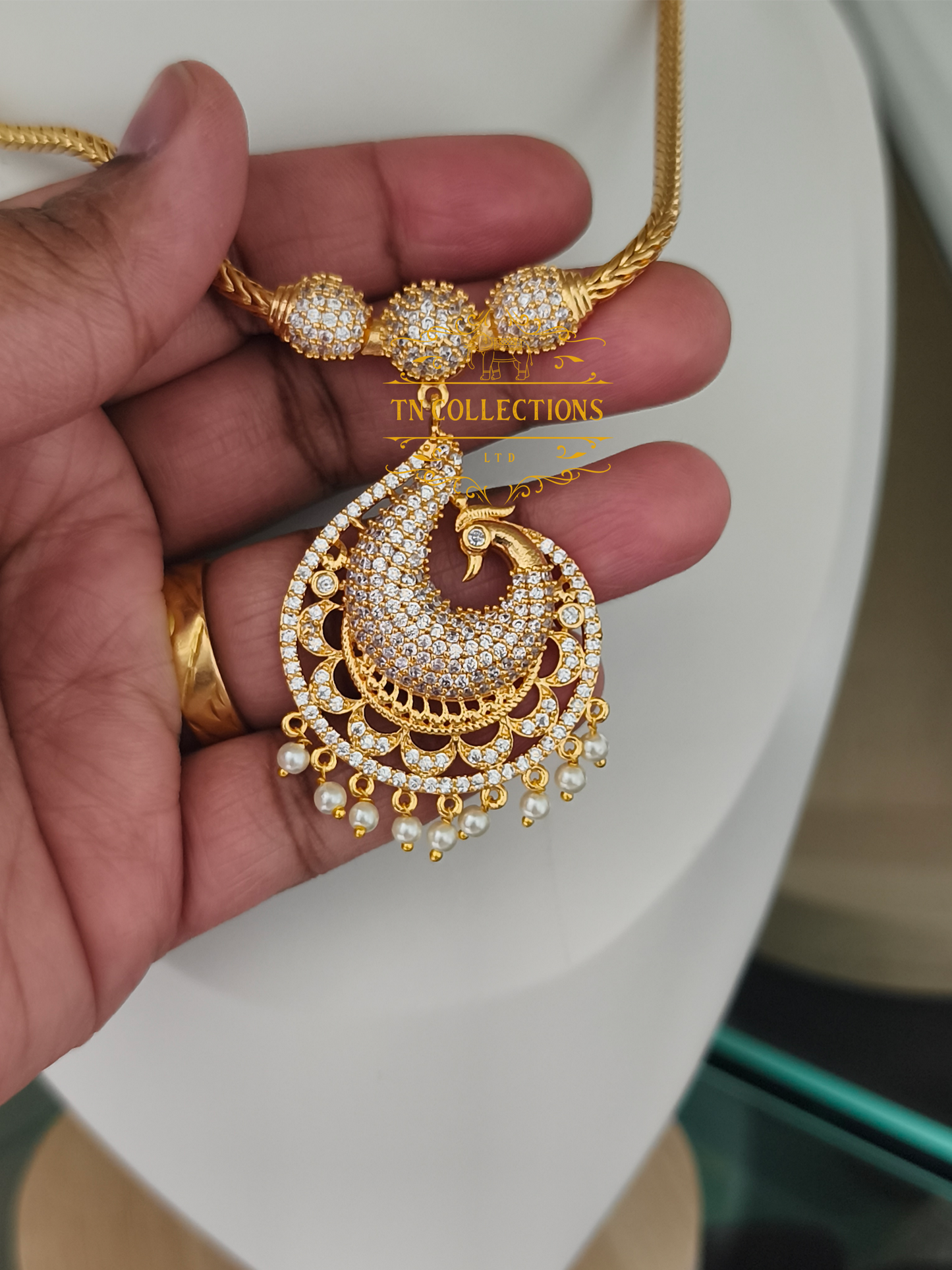 Micro Gold-Plated Traditional Peacock Attiyal (Full white stones)