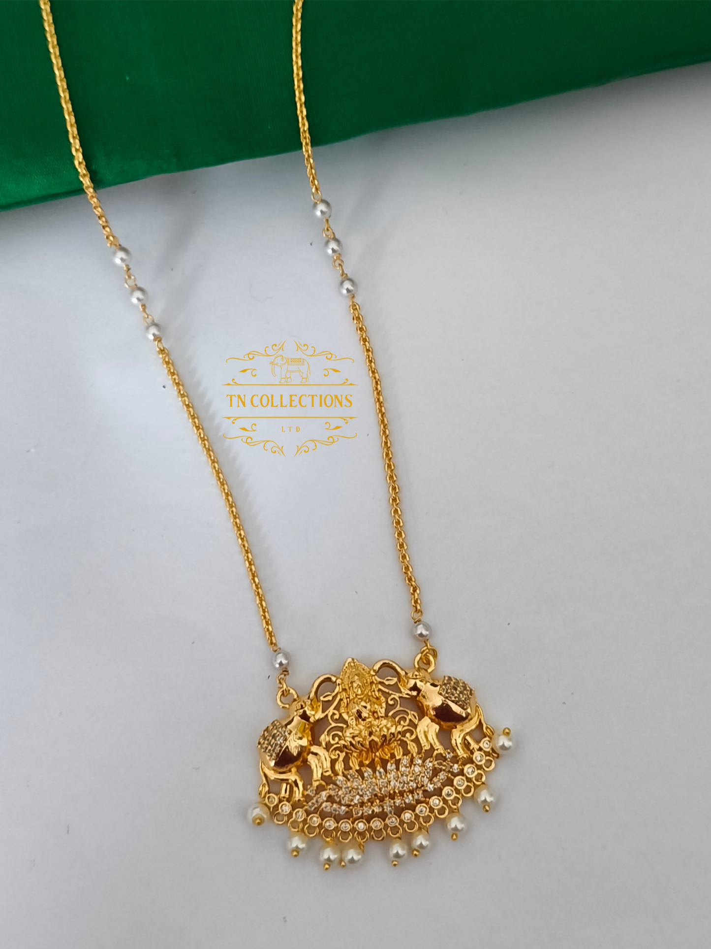 Micro Gold-Plated Lakshmi Pathakkam with single layer pearl chain (Full white stones)