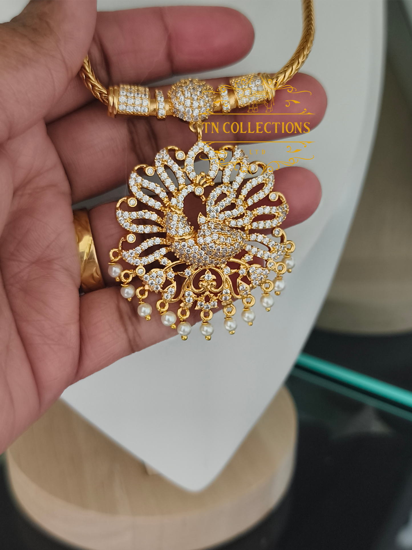 Micro Gold-Plated Peacock Attiyal (Full White stones)