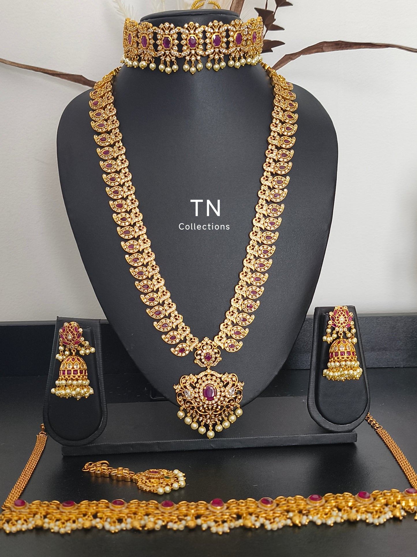 Matte gold Ruby & white Stone Semi Bridal Set/ wedding jewellery Set