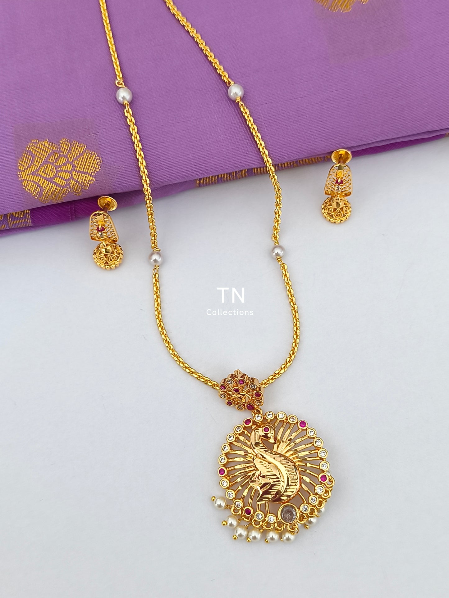 Micro gold plated Pearl chain with Peacock Design Pendant