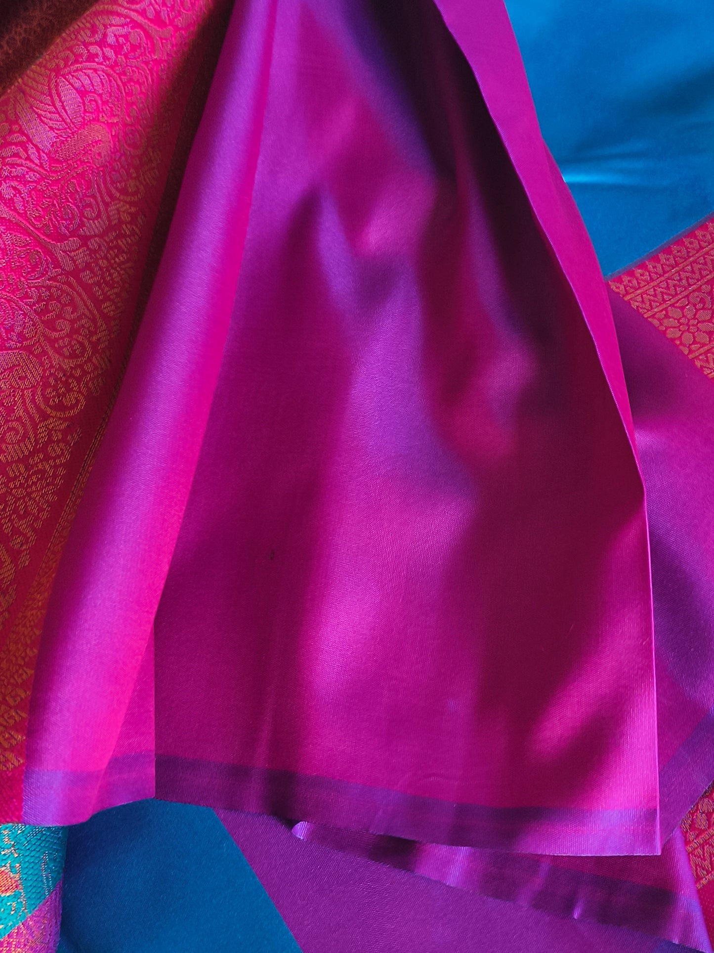Peacock blue Kanchi Soft Silk Saree with contrast blouse and rich pallu