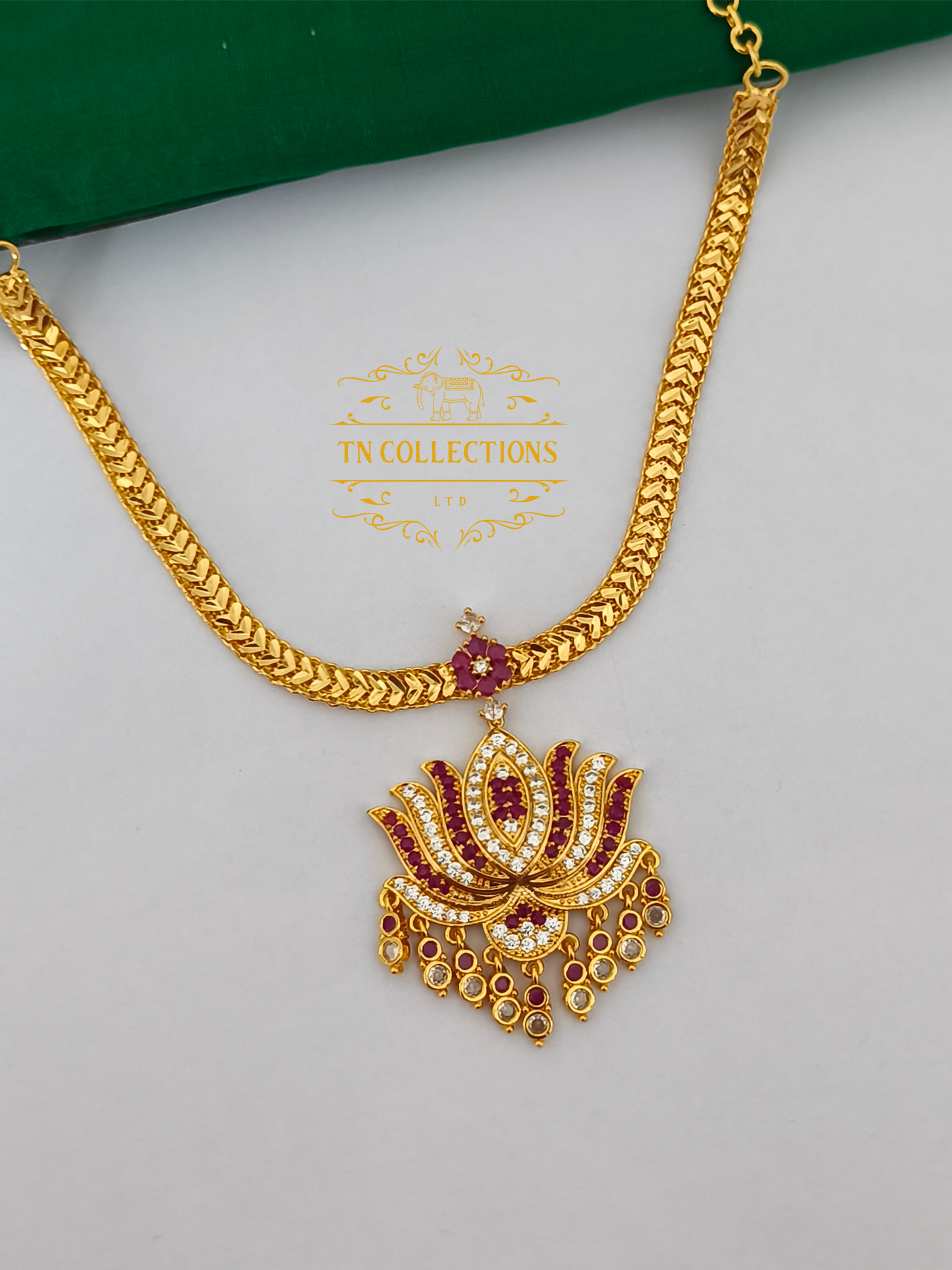 Micro Gold plated Lotus Necklace (Ruby & White stones)