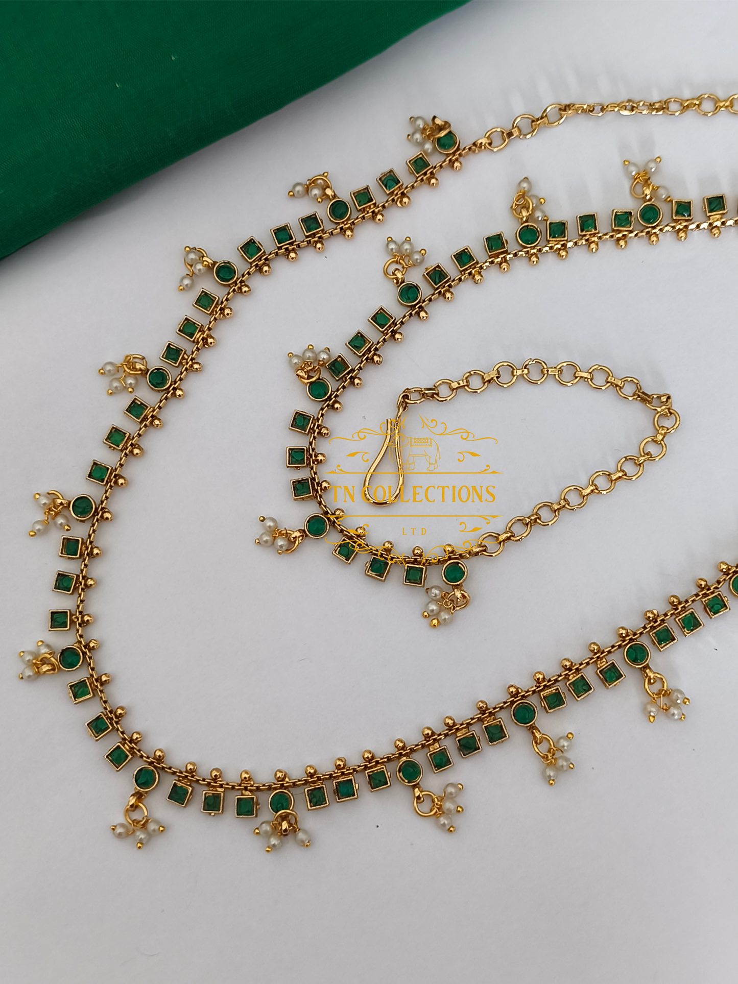 Kemp Stone Brass metal Hip Chain( Green Stones)
