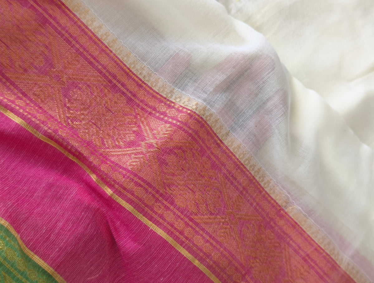 Trendy Mulmul cotton saree with Kanchi Border (White)