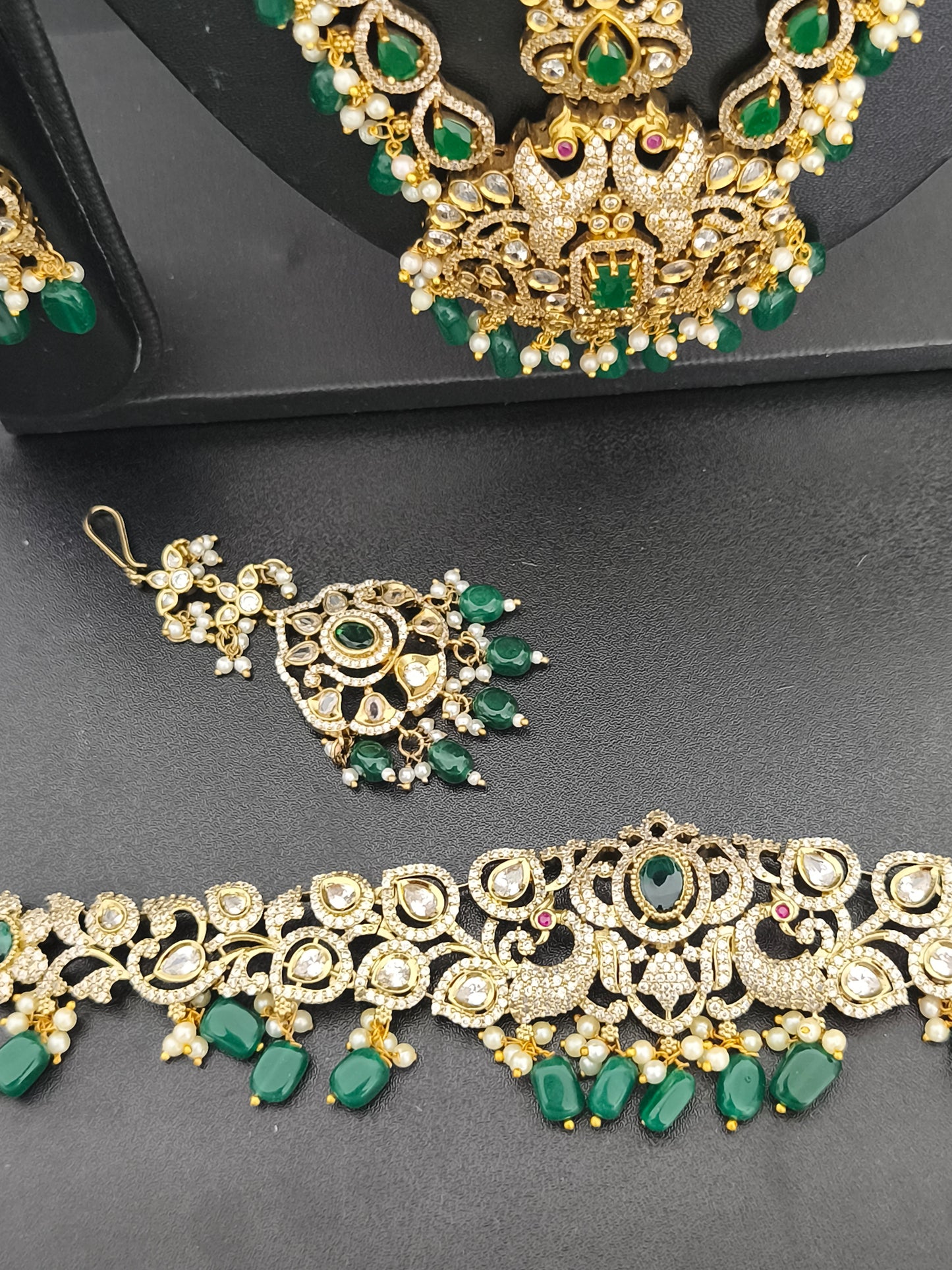 Victorian Finish Green Semi Bridal Set/Wedding jewellery set