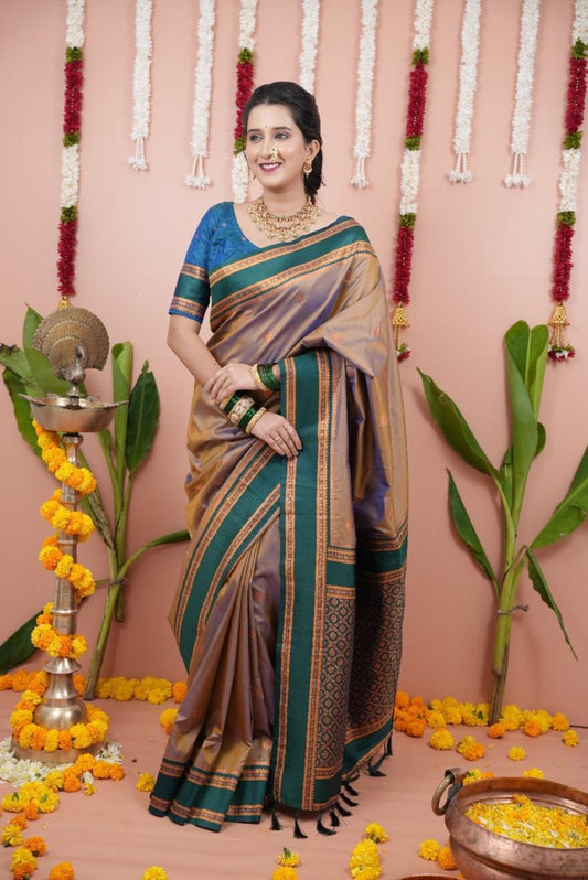 Banaras Semi Soft Silk Saree with contrast blouse and rich pallu