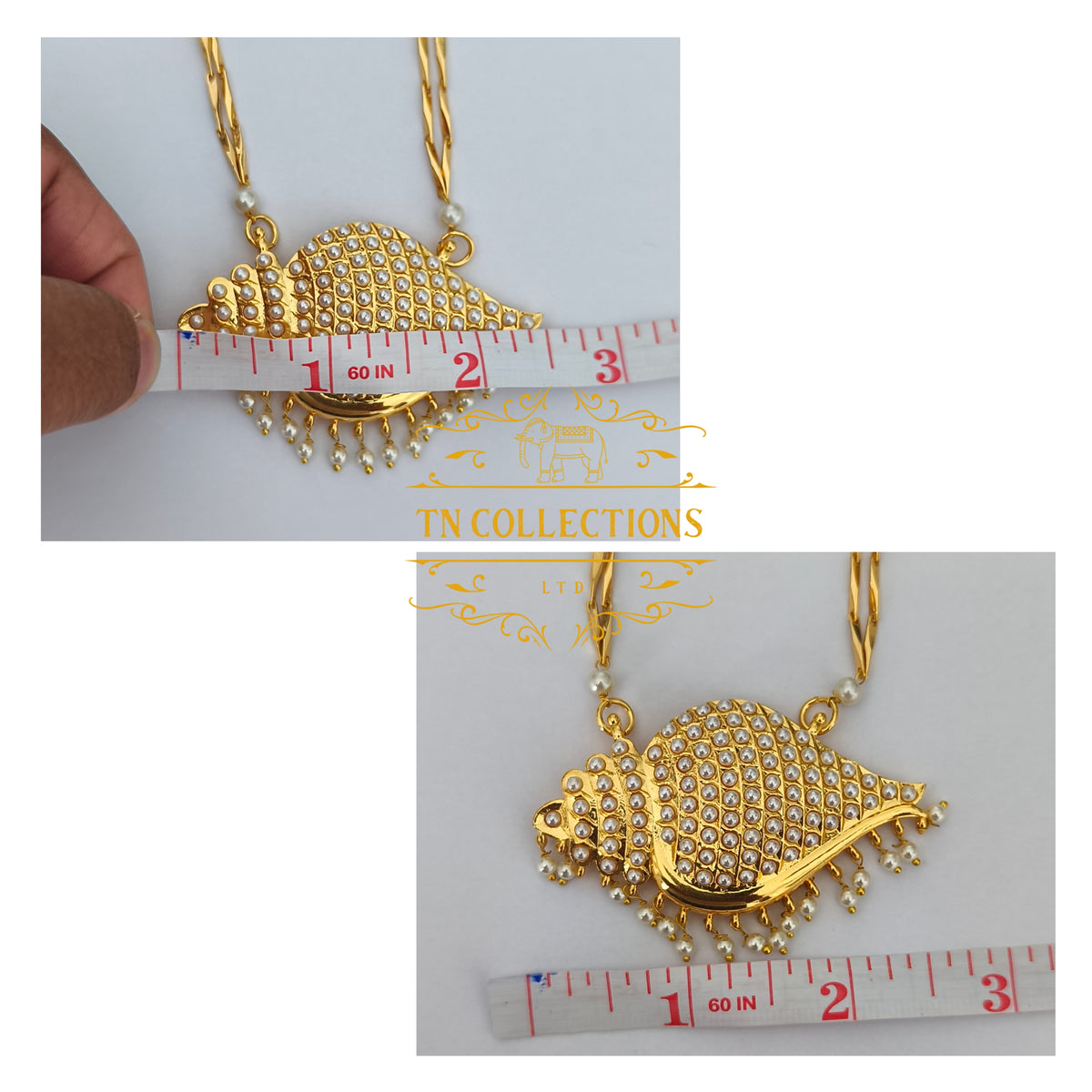 Micro Gold-Plated Traditional Shell pearl Sangu Design Pathakkam with Double layer Pearl chain