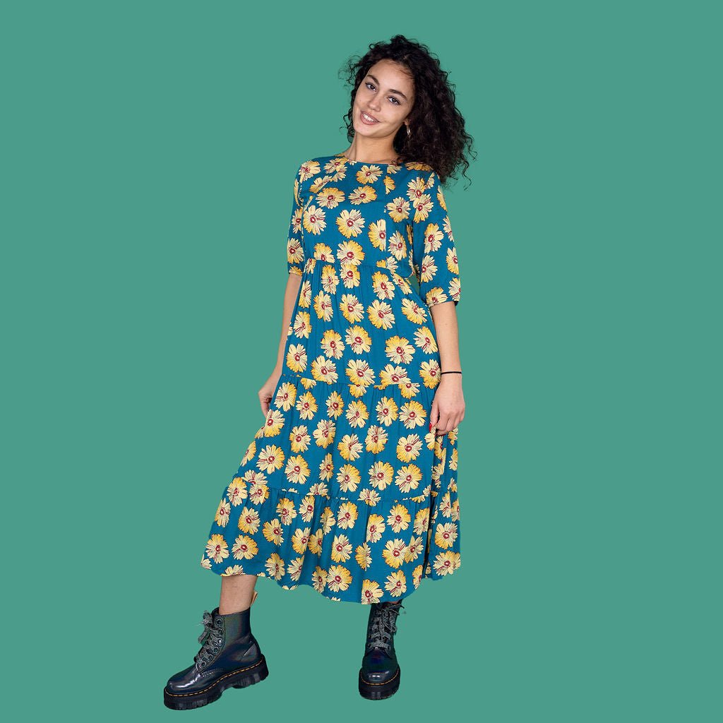 The Midi Breastfeeding Dress - Blue Sunflower Cotton